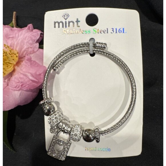 Mint Stainless Steel Heart PadLock Crystals Charm Silvertone Bangle Bracelet NEW - Picture 4 of 5